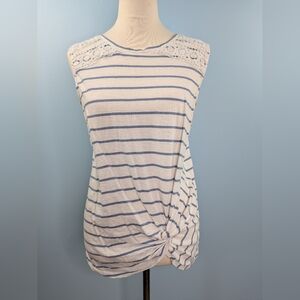 Ann TAYLOR LOFT Lace Accent White and Blue Stripe Twist Knot Tank Top Large